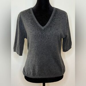 Karen Kane Silk Cashmere blend gray short sleeve V neck sweater beaded small EUC